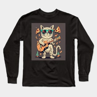 cat playing guitar for pizza Long Sleeve T-Shirt